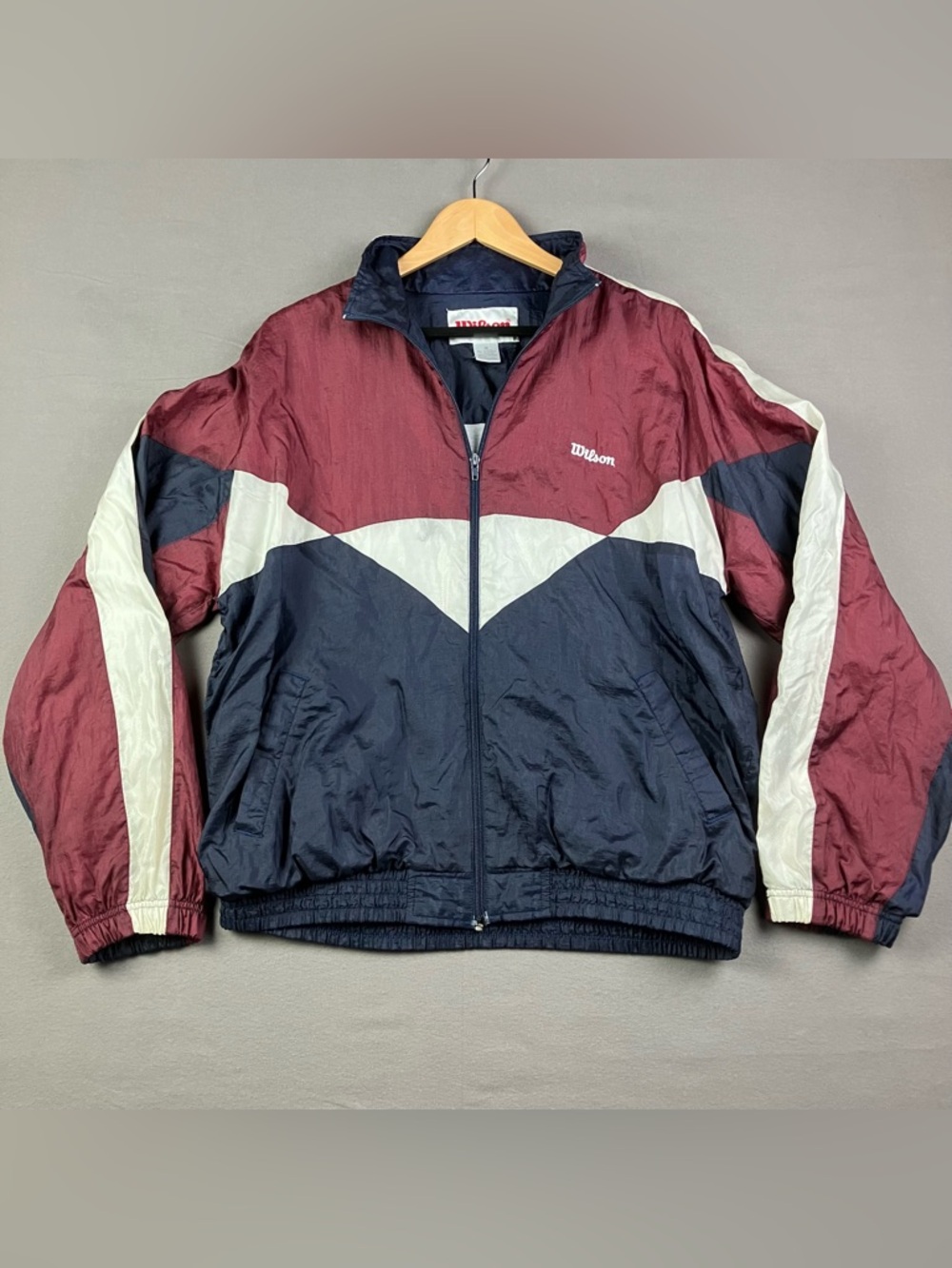 Vintage Wilson Men’s Size M Full Zip Windbreaker Jacket Maroon Navy & White